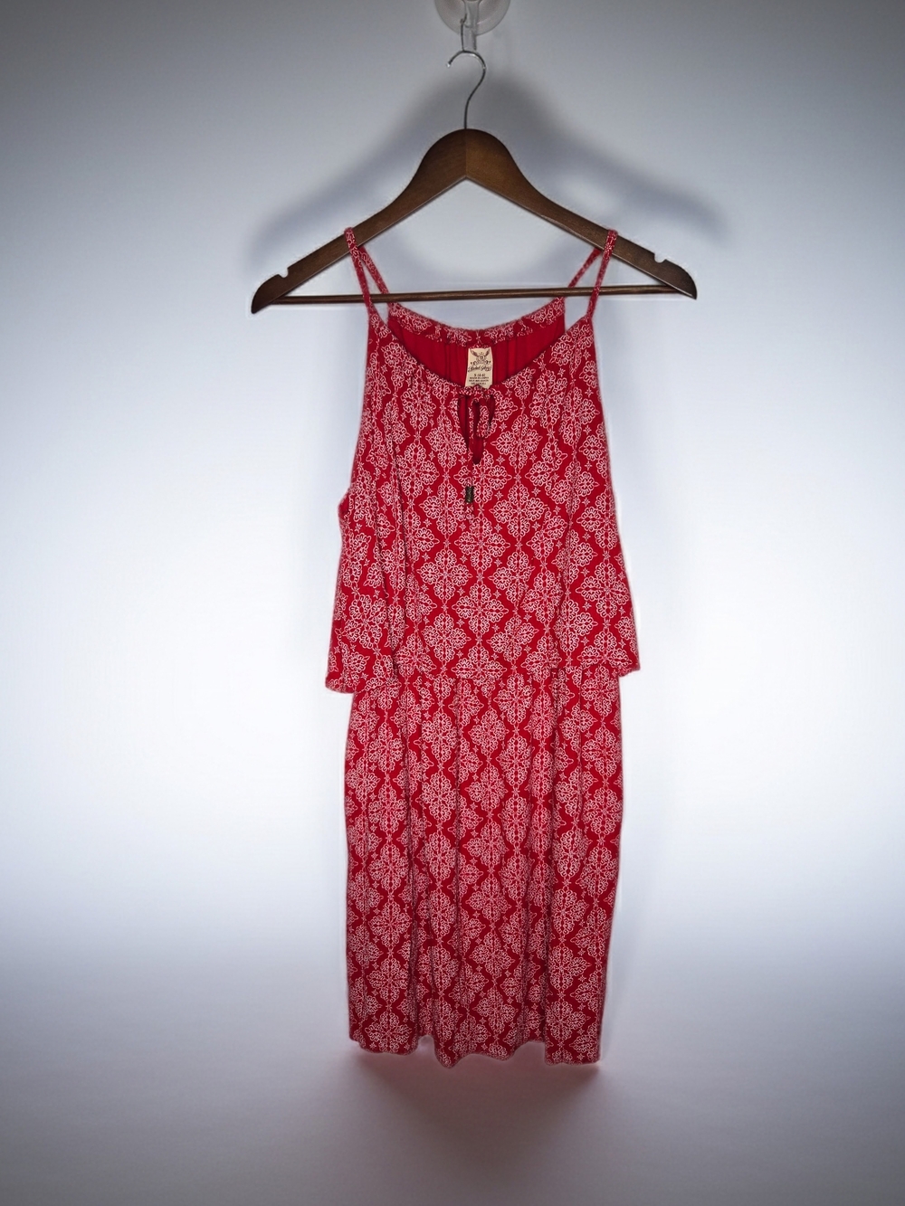 Red White Damask Medallion Cold Shoulder Boho Tiered Summer Sundress Size S
